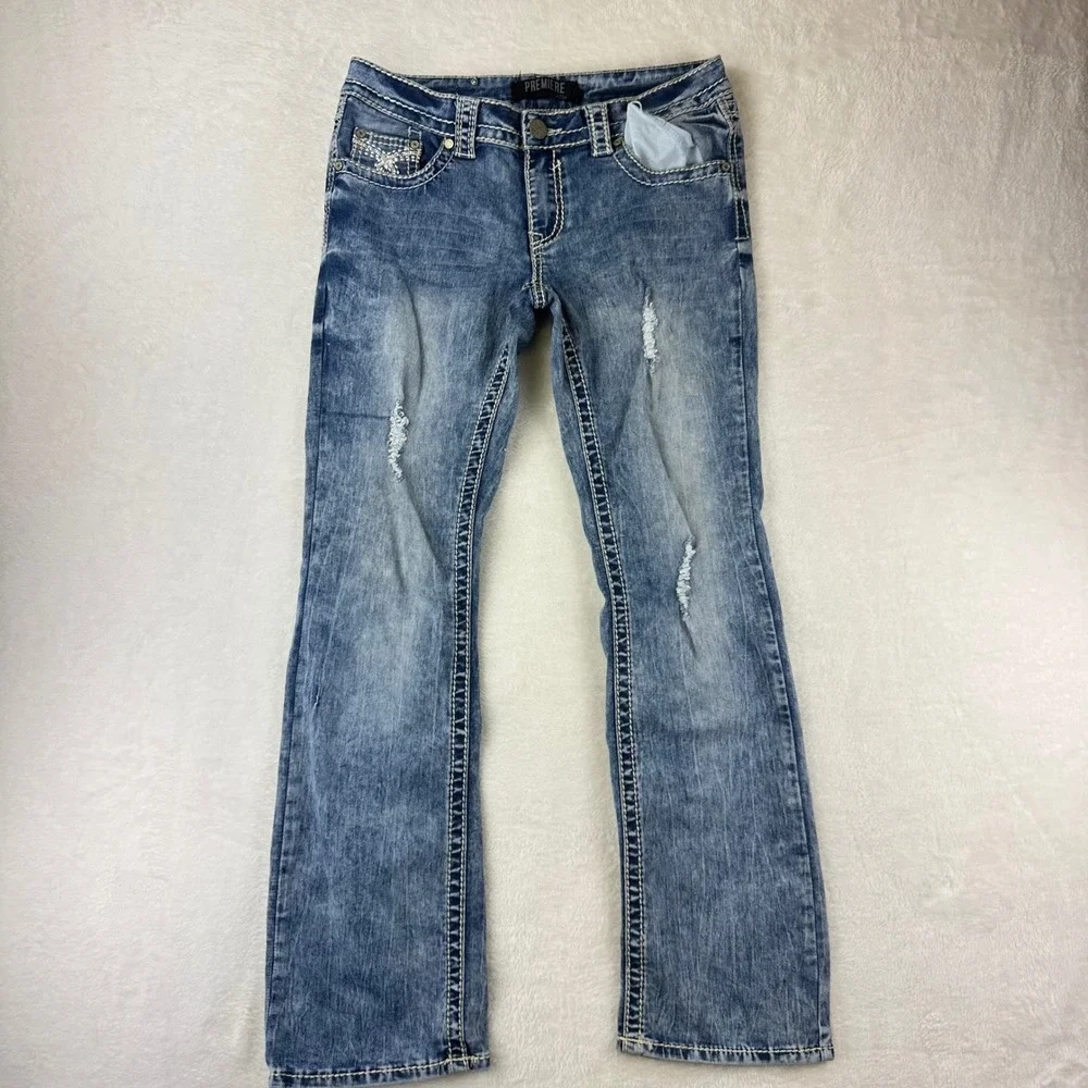 Rue21 Premiere Jeans Womens 9/10 Slim Boot Curvy 30 Blue Distressed Denim Cotton